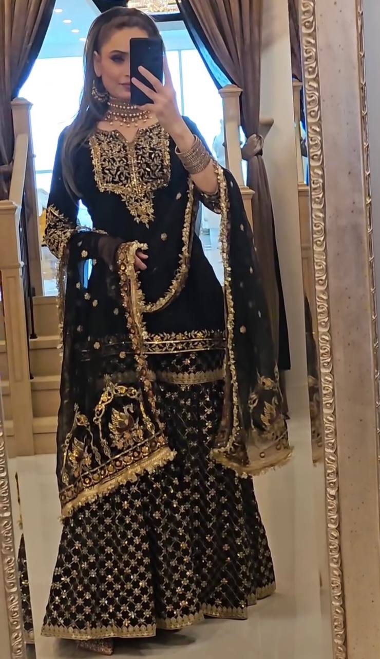 Black Velvet Embroidered Sharara Set KFS-510