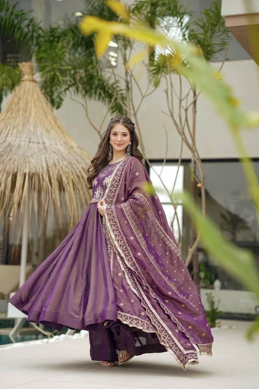 Royal Purple Embroidered Anarkali Gown with Dupatta – Festive & Wedding Wear