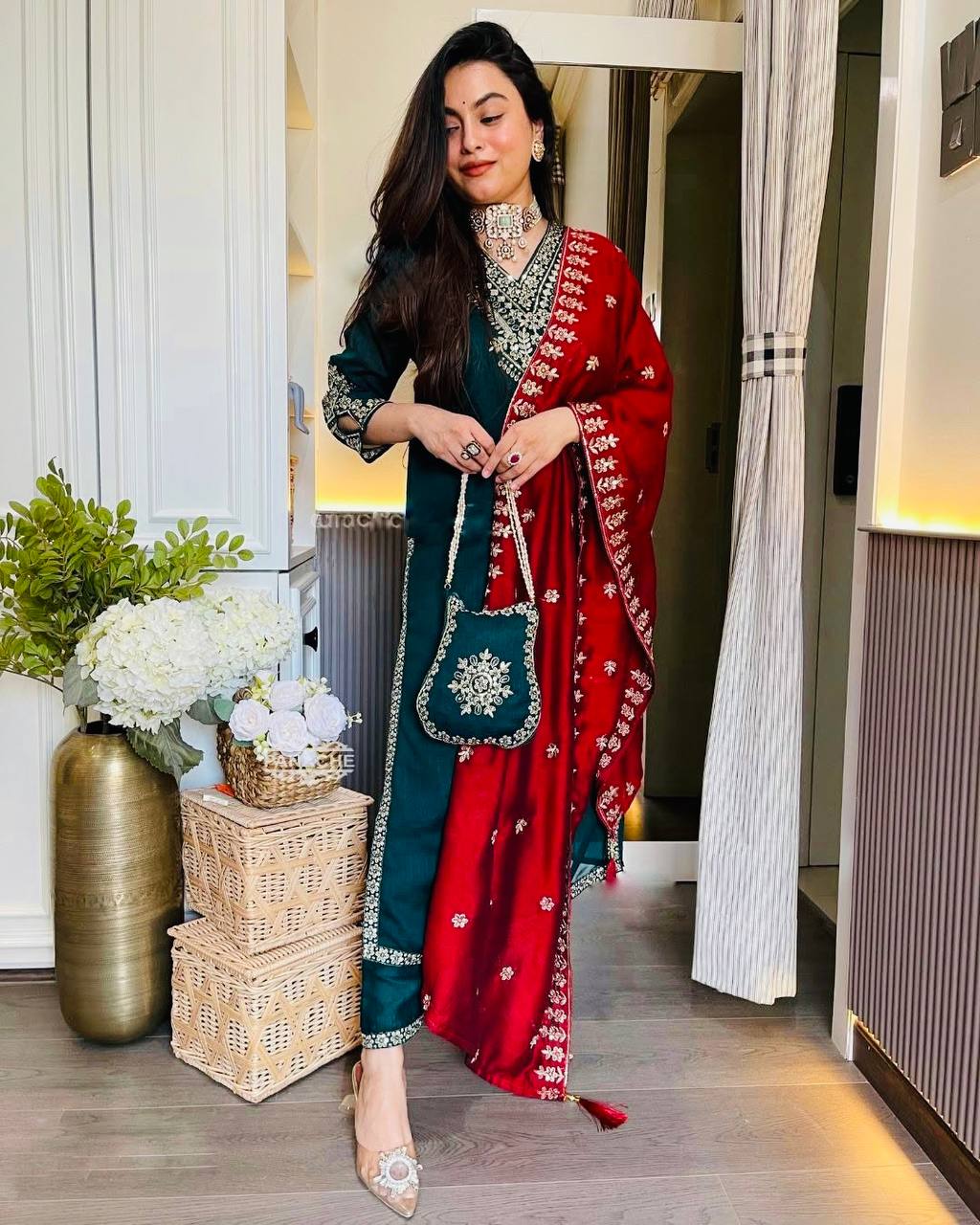 Dark Green Embroidered Punjabi Suit Set with Contrast Red Dupatta KFS-5249