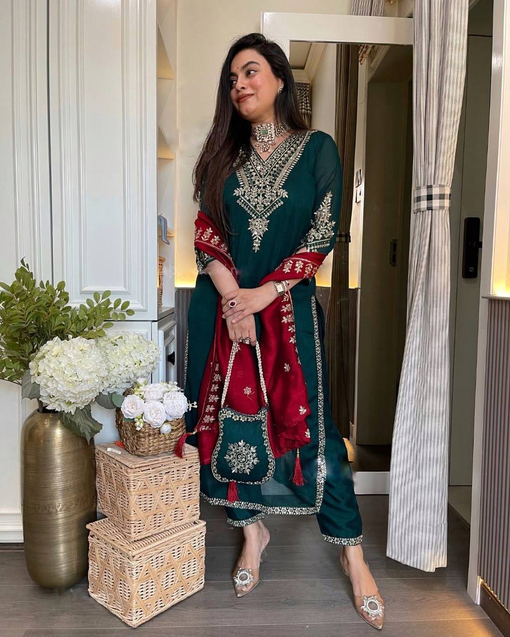 Dark Green Embroidered Punjabi Suit Set with Contrast Red Dupatta KFS-5249