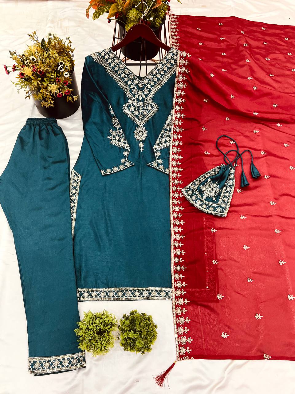 Dark Green Embroidered Punjabi Suit Set with Contrast Red Dupatta KFS-5249
