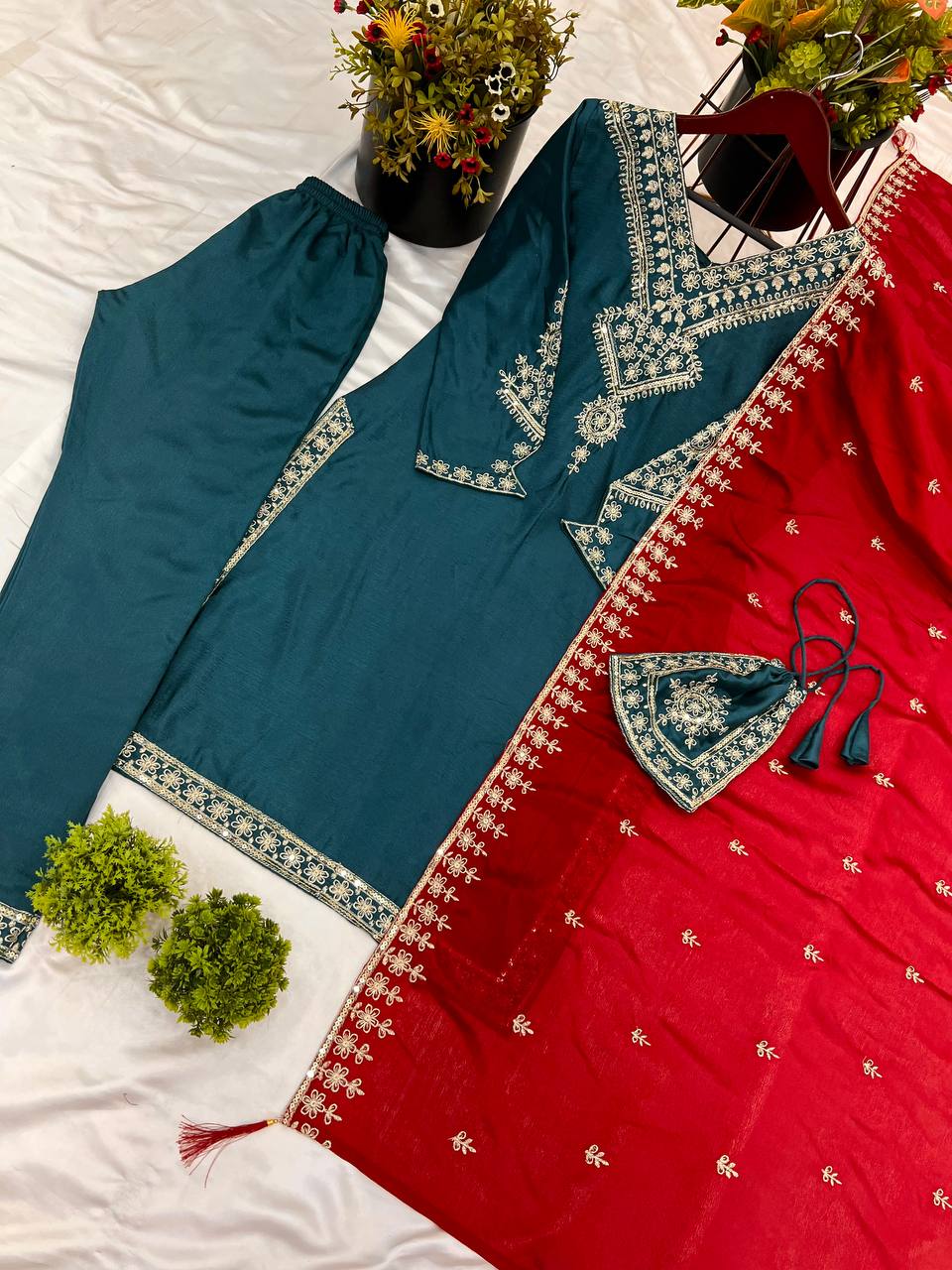 Dark Green Embroidered Punjabi Suit Set with Contrast Red Dupatta KFS-5249