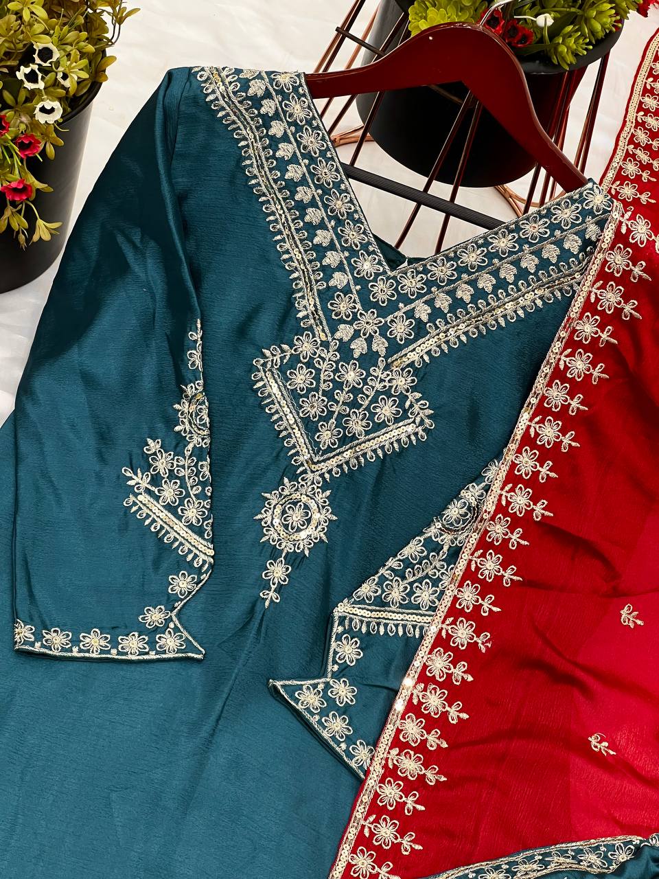 Dark Green Embroidered Punjabi Suit Set with Contrast Red Dupatta KFS-5249