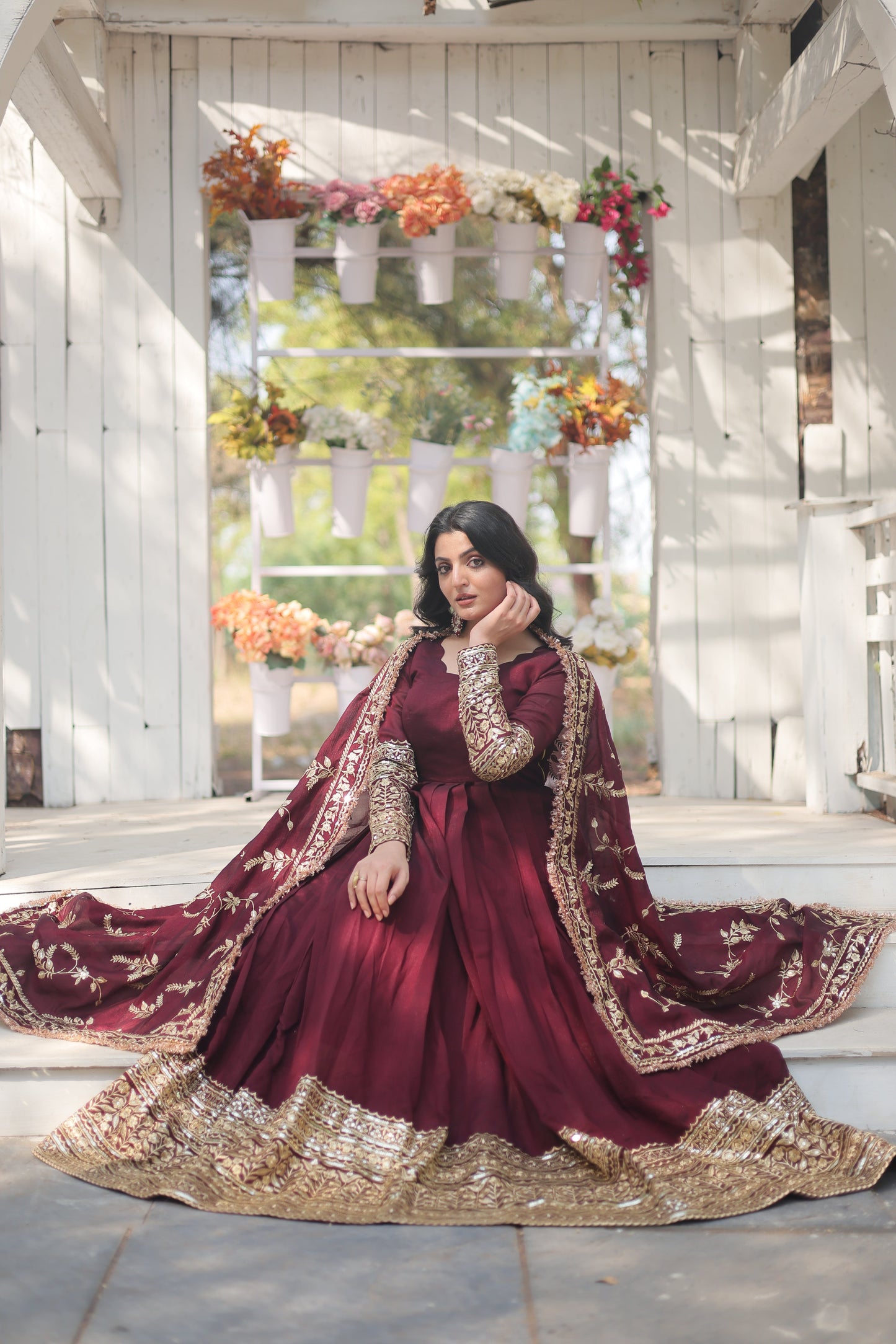 Designer Anarkali Suit Set - Dark Maroon with Intricate Thread-Sequins Embroidery