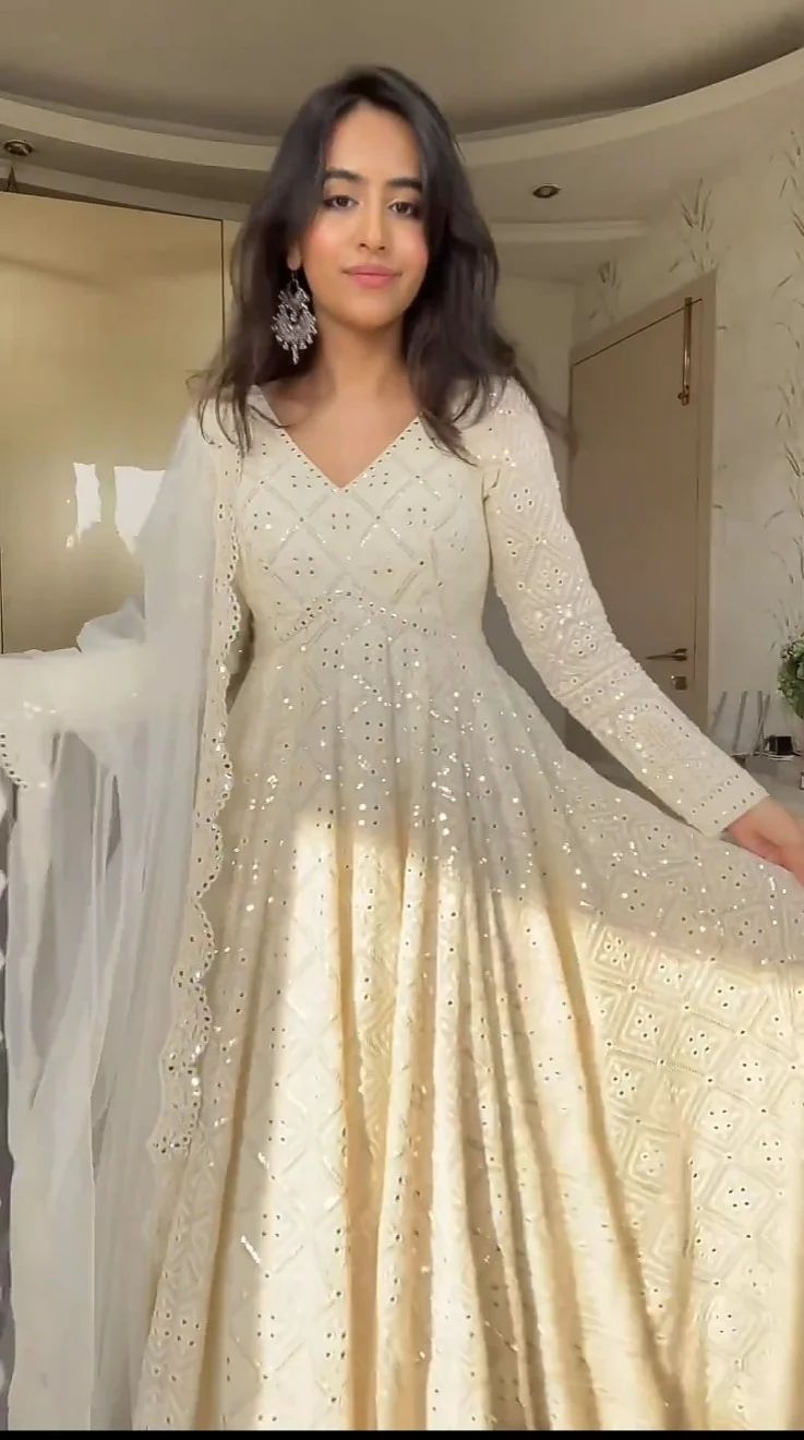 LAKHNAWI EMBROIDERED GEORGETTE ANARKALI FULLY STITCHED SUIT SET OFF WHITE  KF-115