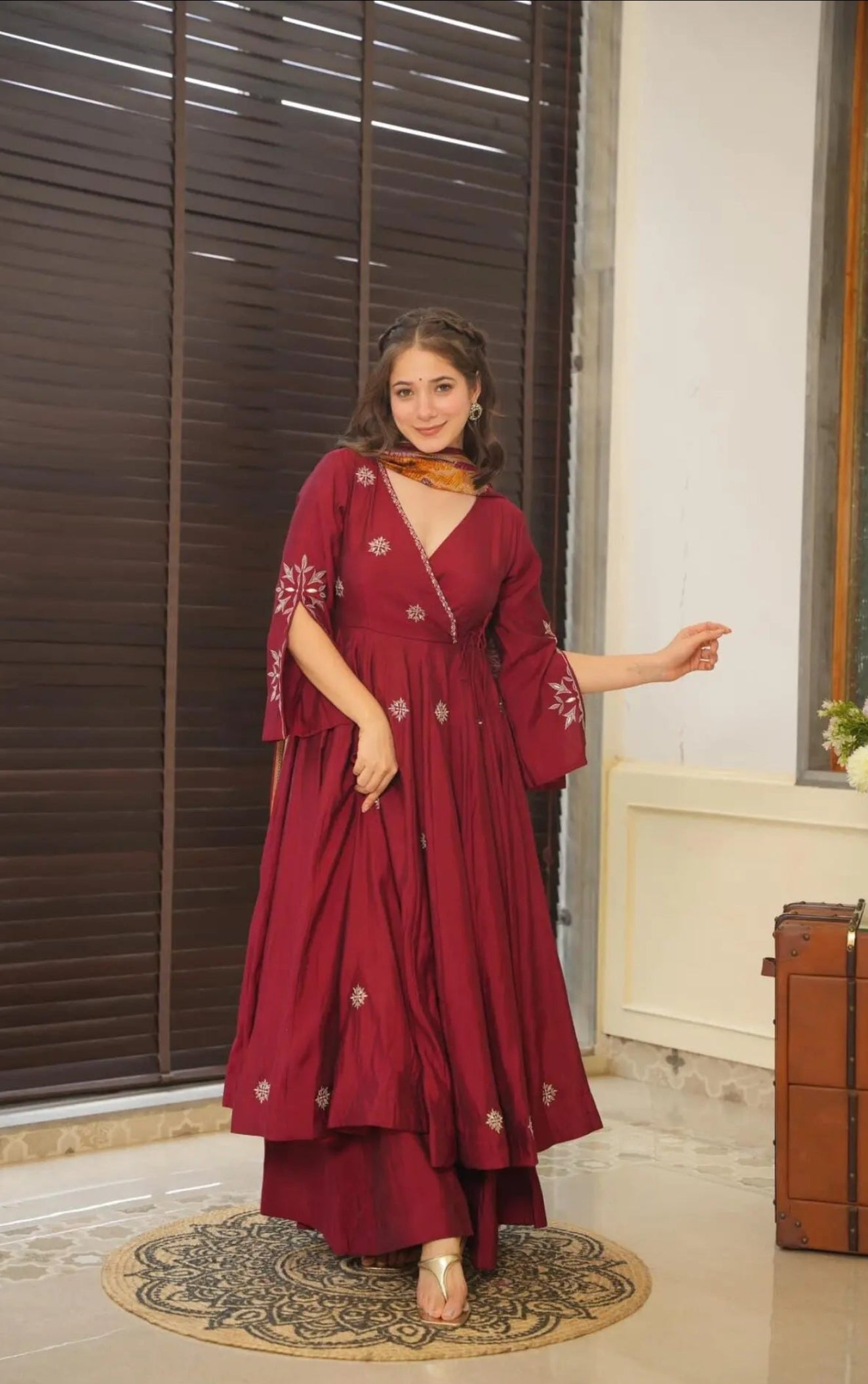 Maroon colour embroidery anrakli suit for women KF-148