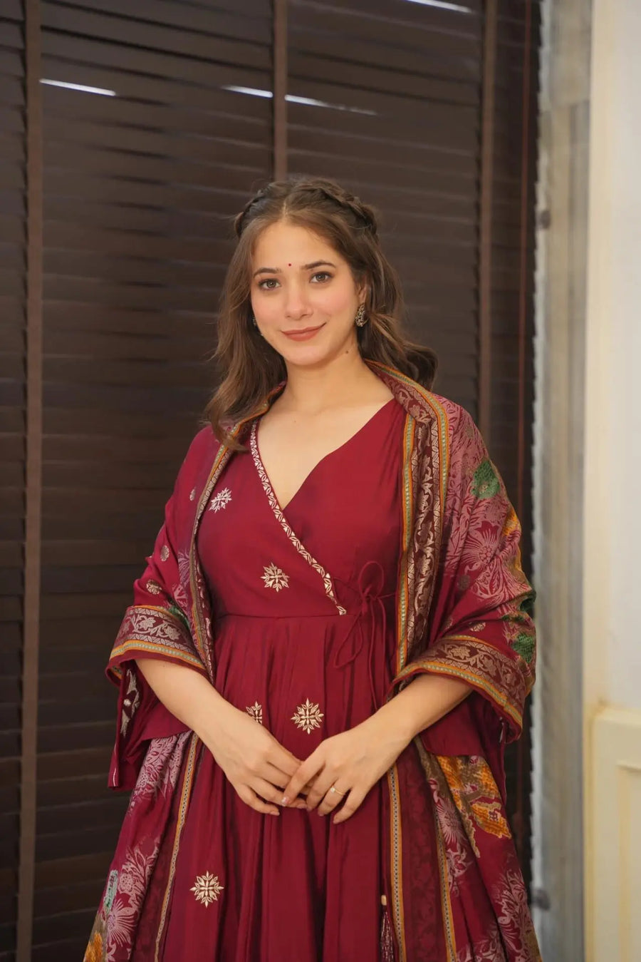 Maroon colour embroidery anrakli suit for women KF-148