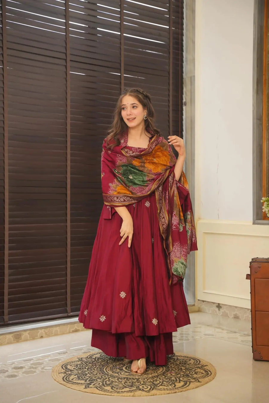 Maroon colour embroidery anrakli suit for women KF-148