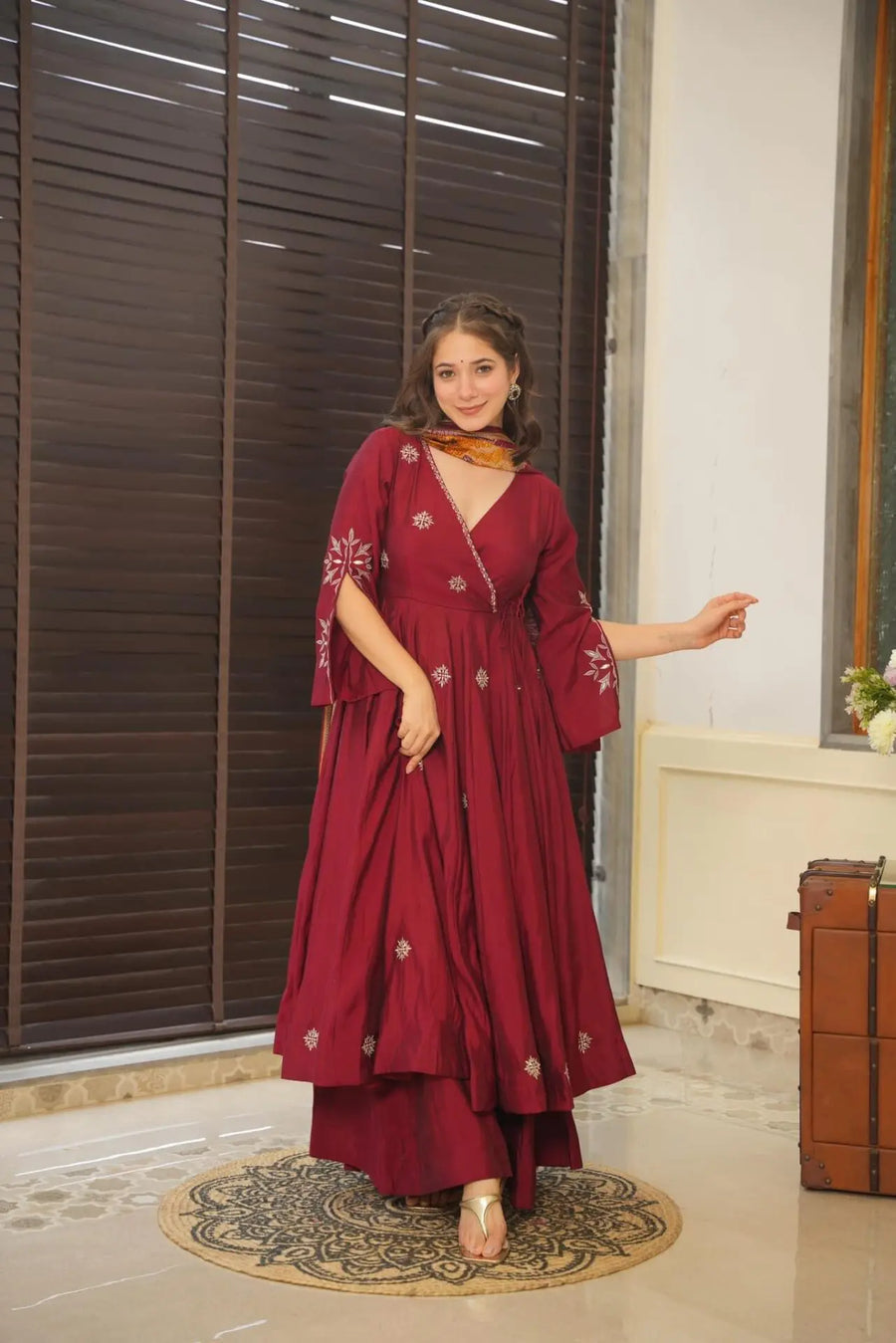 Maroon colour embroidery anrakli suit for women KF-148