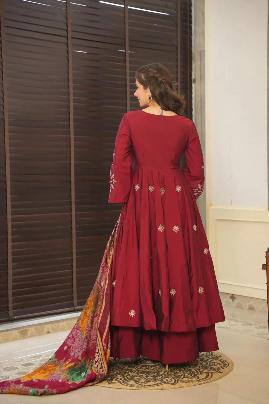 Maroon colour embroidery anrakli suit for women KF-148