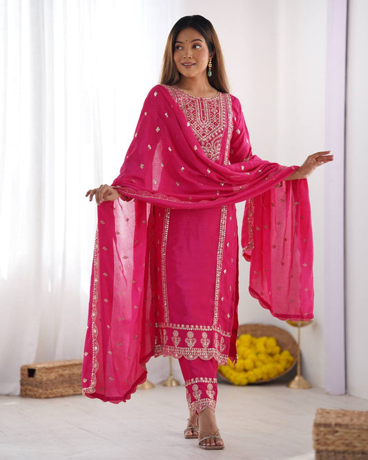 Elegant Hot Pink Chinnon Silk Suit Set with Heavy Embroidery & Dupatta KFZ-5001