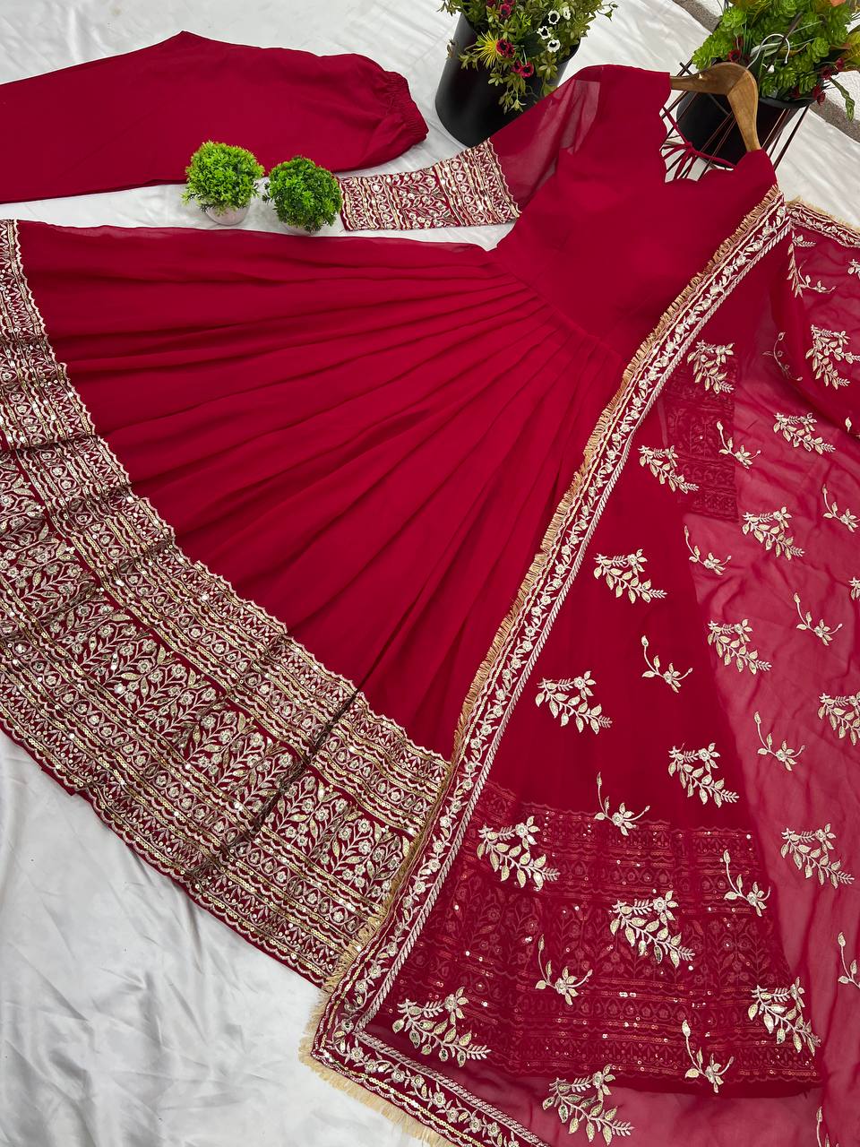 Designer Faux Georgette Embroidered Gown Set KFS-1634