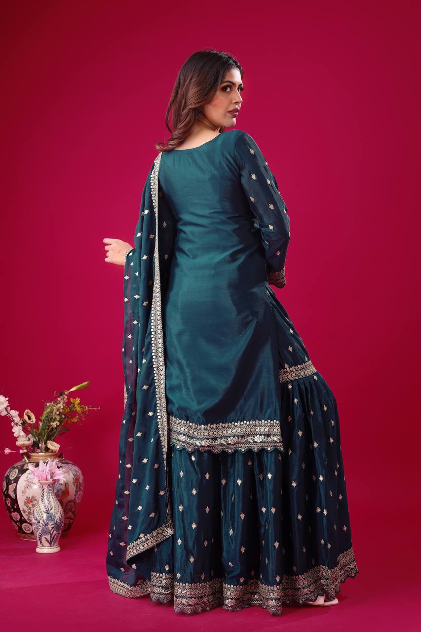 Women's Teal Embroidered Sharara Suit Set – Festive & Wedding Party Wear KFZ-5006