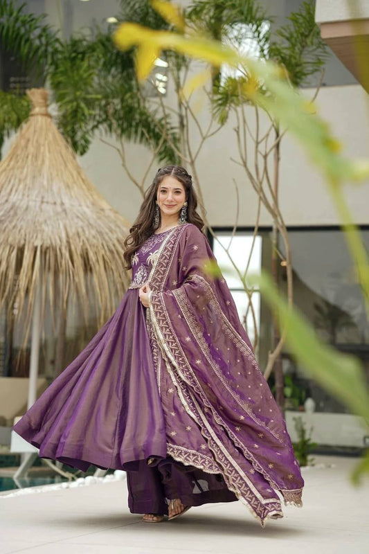 Royal Purple Embroidered Anarkali Gown with Dupatta – Festive & Wedding Wear