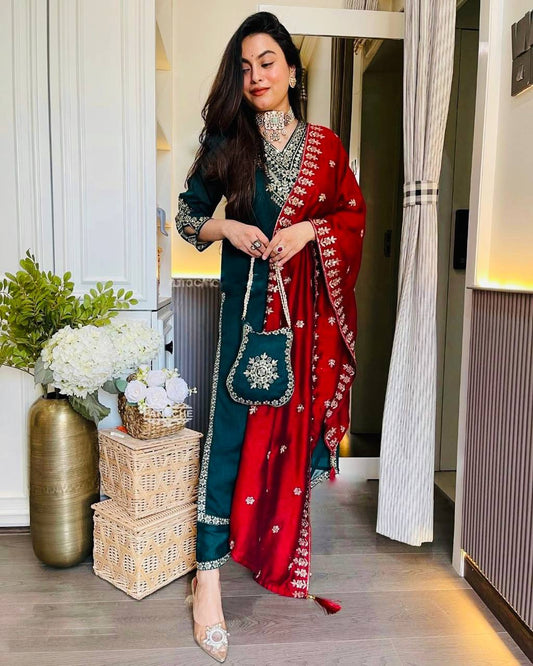 Dark Green Embroidered Punjabi Suit Set with Contrast Red Dupatta KFS-5249