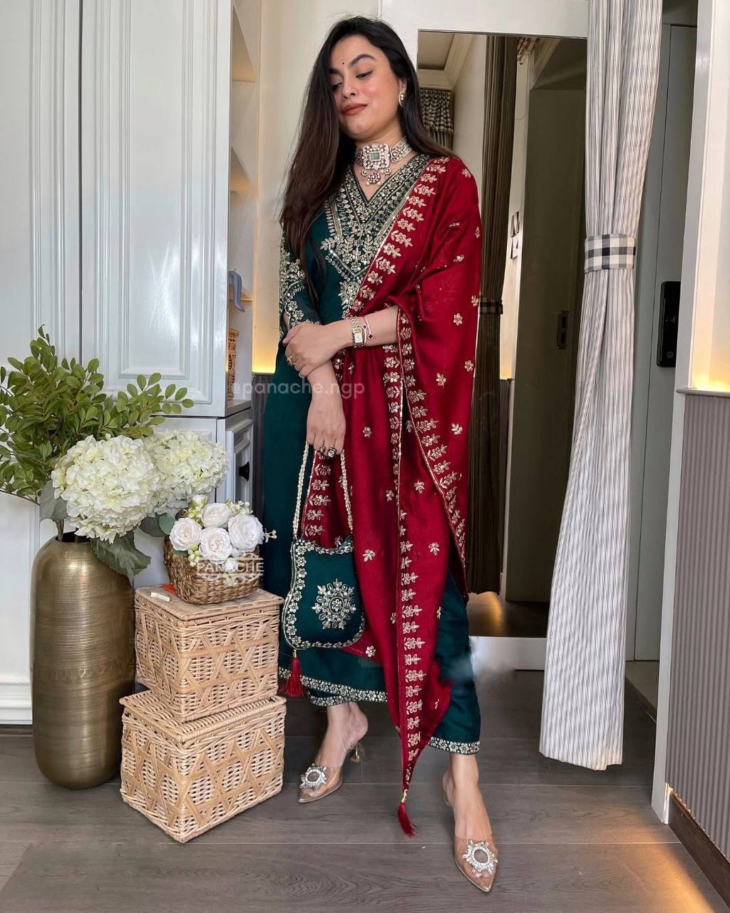Dark Green Embroidered Punjabi Suit Set with Contrast Red Dupatta KFS-5249